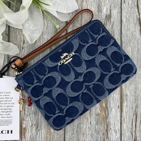 Coach Denim Corner Zip Wristlet With Cherry Charm - Picture 3 of 16